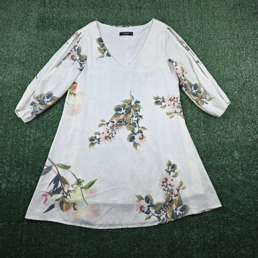 Noctflos White‎ Floral V-Neck Cold Shoulder Shift Mini Dress Womens Size Small